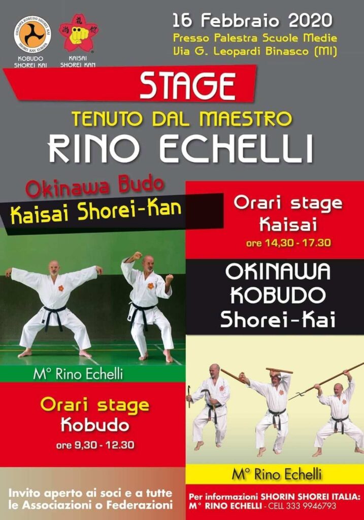 Stage di Karate (Kaisai) Goju Ryu per il 16 Febbraio 2020 a Binasco tenuto dal Maestro Echelli, Shihan dello Shorei Kan e C.N. 7° Dan.